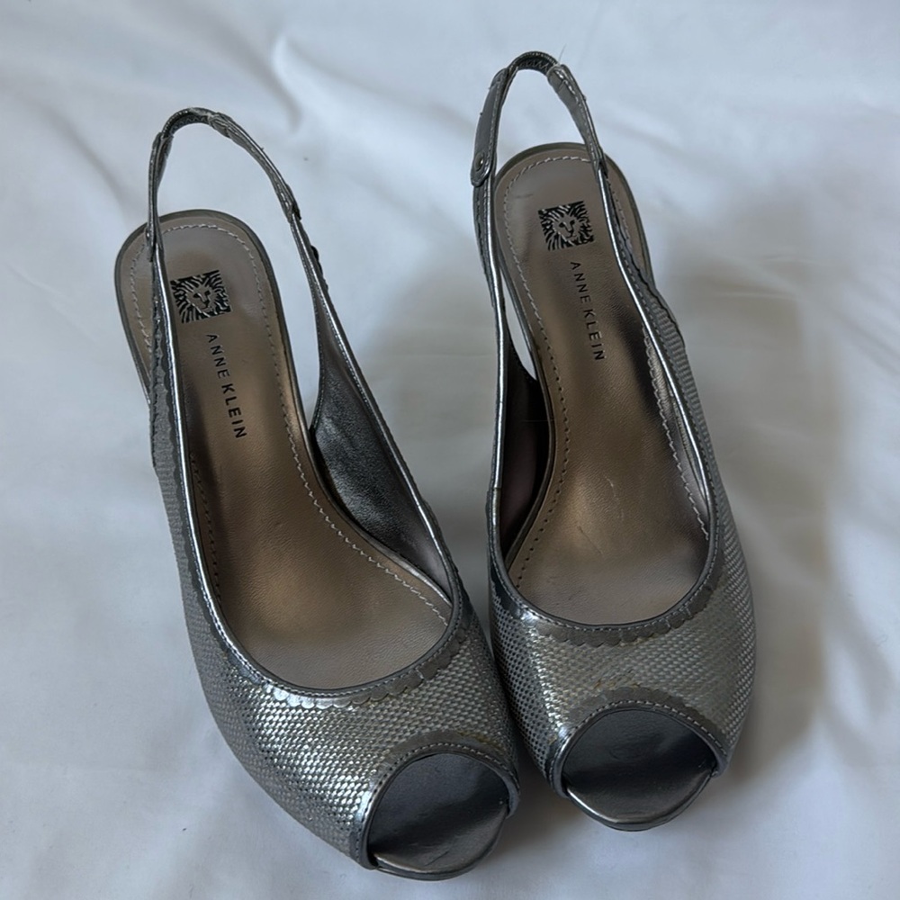 Anne Klein platform heel metallic silver